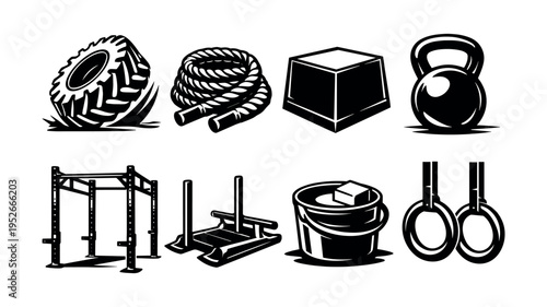 Black and white vector illustration of gym equipment set including tire rope kettlebell rings