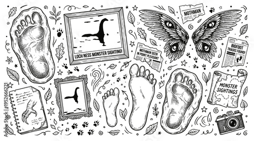 Cryptozoology doodle set featuring Bigfoot footprints, Loch Ness monster photos, Mothman wings and monster hunting equipment in hand-drawn vector style.