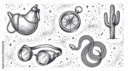 Vintage Desert Adventure Survival Kit Engraving Set with Compass, Canteen, Goggles, Snake Skeleton and Cactus