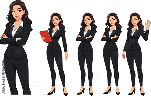Cartoon illustration set of professional businesswoman in black suit with white blouse and high heels, posing confidently with folder, waving, and smiling for corporate concepts