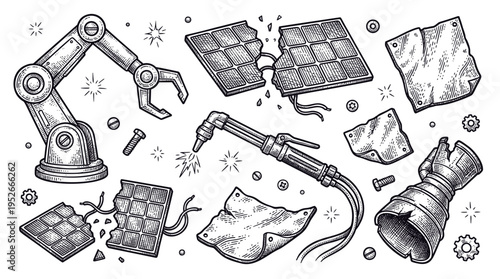 Industrial Scrap and Mechanical Parts Vector Set: Robotic Arm, Broken Solar Panels, and Gas Cutting Torch in Engraving Style