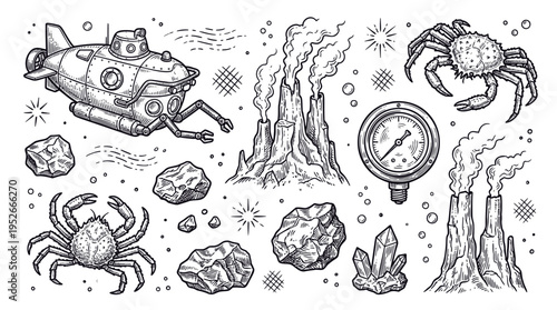 Hand-Drawn Deep Sea Exploration Vector Illustration Set with Submarine Crabs Hydrothermal Vents and Scientific Equipment in Vintage Engraving Style