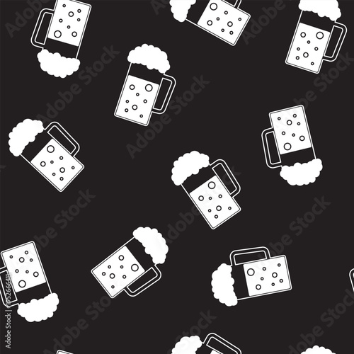 Dark seamless pattern featuring white silhouettes of beer mugs with fluffy foam and bubbles. Ideal for pub menus, bar wallpapers or craft brewery branding. Texture, wallpaper.