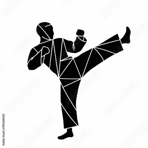Martial Arts Fighter Performing Dynamic High Kick Silhouette.