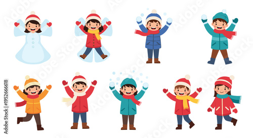 Diverse collection of happy children wearing winter clothes and playing in the snow during a cold winter season.