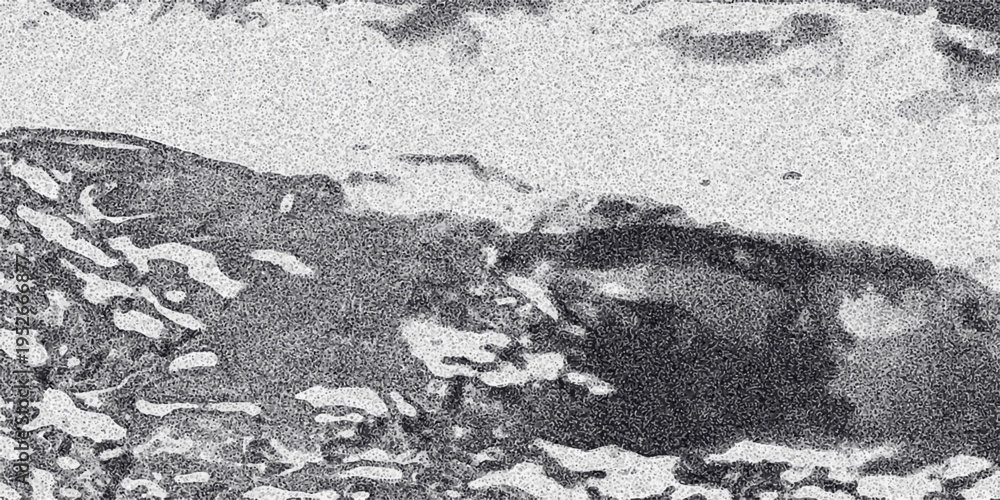 Obraz premium Abstract monochrome textured background with organic, fluid shapes and a prominent dark central mass against a speckled white and grey surface, evoking a natural or cellular pattern