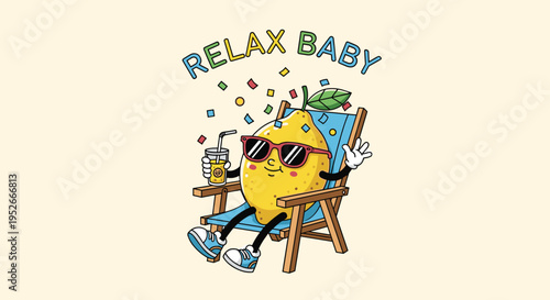 Funny cartoon lemon character wearing sunglasses and relaxing in a deck chair while holding a cocktail drink.