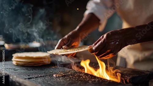Capturing the essence of culinary skill, a cook expertly prepares fresh tortillas over an open flame, the aroma of the cooking food fills the air, capturing a moment of traditional gastronomy.