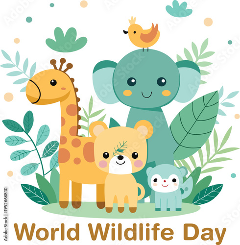 World wildlife day illustration with cute animals