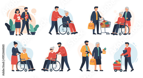 Various scenes showing young volunteers and family members helping elderly people with mobility and daily tasks.
