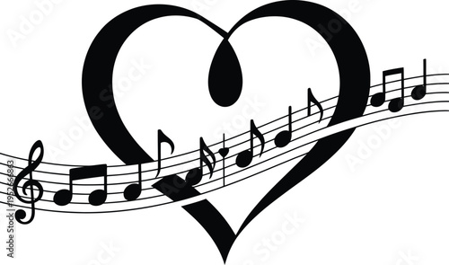Heart shaped music notes on a staff with treble clef