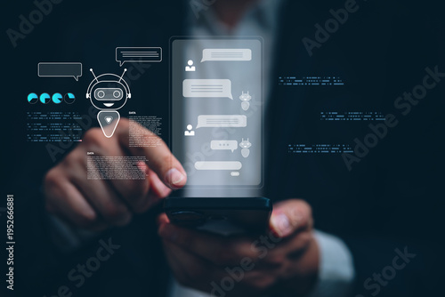 Businessman touch smartphone with AI chatbot interface and digital assistant icon, Customer support, automated communication, data processing, smart mobile technology in modern business environment.