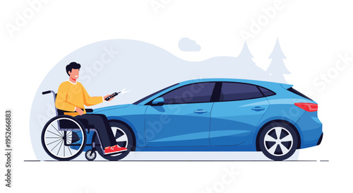 Disabled man in a wheelchair using a remote control to operate his modern blue car in a scenic outdoor park.