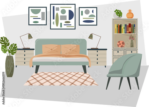 Modern bedroom interior with comfortable bed, nightstand, armchair and bookshelf. Flat illustration of cozy home furniture design. Minimalist style apartment with abstract wall art.
