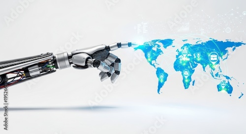 Robotic hand touching the digital world map with glowing connection points, representing global technology and futuristic connections, AI and internet
