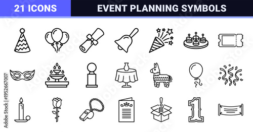Celebration and Event Planning Monoline Symbols for Minimalist Graphic Design Featuring Sophisticated Black Outline Party and Festival Elements