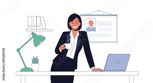 Successful businesswoman in a black suit standing in her office with a cup of coffee near her laptop and desk.