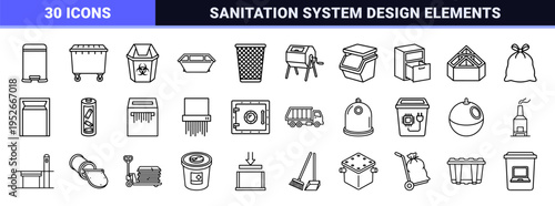 Sanitation and Waste Management Monoline Symbols with Sophisticated Minimalist Outlines and Uniform Line Weight for Environmental Design.