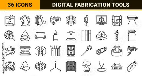 3D Printing and Additive Manufacturing Technical Monoline Symbols featuring Precision Industrial Engineering and Prototyping Hardware Outlines