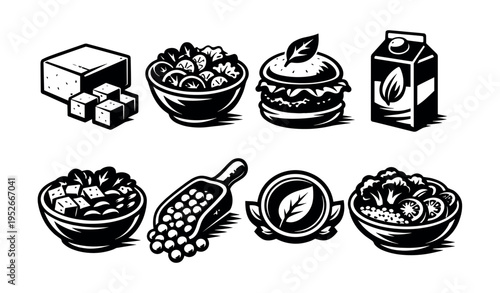 Black and white vector set of food icons including cheese salad burger and milk
