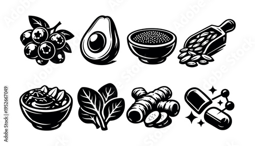 Black and white superfood icons set, avocado, berries, seeds, leaves, herbal elements, vector illustration