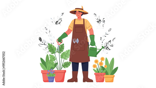 Gardener Nurturing Growth: A gardener is diligently tending to various potted plants, carefully nurturing them in a vibrant garden, showcasing a passion for plant care.
