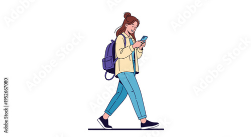 Young woman with a backpack walking and looking at her smartphone screen while commuting in the city.