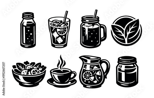 Black and white vector illustrations of beverage and food items with leaf motif