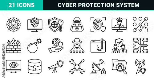 Cybersecurity and Network Protection Monoline Icons Featuring Data Safety Shields and Digital Encryption Systems in Sleek Black Outlines