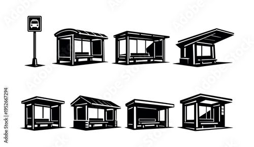Collection of minimalist bus stop shelters in black and white vector silhouette style