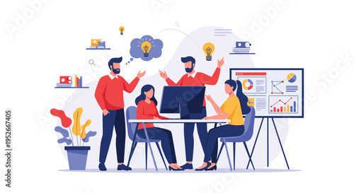 Creative business team working together in a modern office brainstorming new ideas around a computer desk.