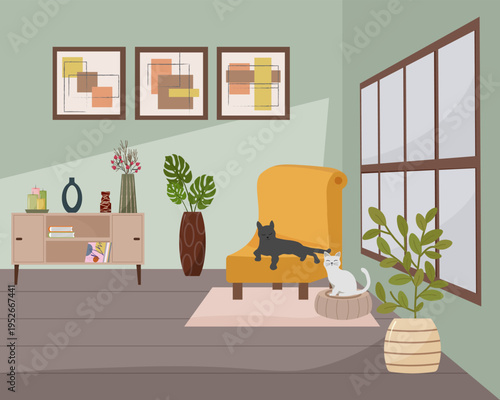 Two cats resting in a cozy modern living room interior. Apartment with yellow armchair, house plants, and minimalist decor. Comfortable home environment, pet lifestyle and relaxation.
