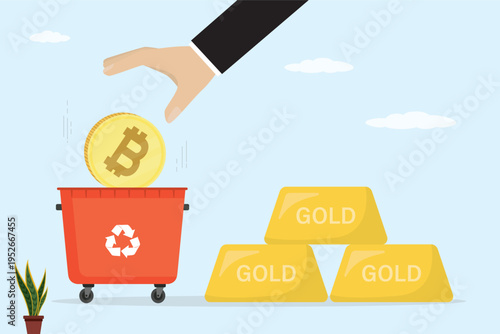 Businessman hand throws Bitcoin coin into red recycle bin next to pile of gold bars, shift in value or crypto failure. Precious metals reliable, protective financial asset