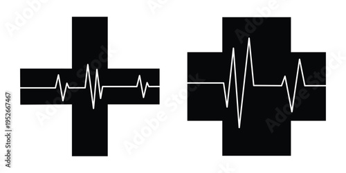 Medical Cross with Heartbeat Pulse Line, Healthcare Diagnostic Icon Set