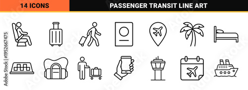 Global Travel and Tourism Navigation Monoline Symbols, Professional Passenger Transit Minimalist Line Art for Wayfinding and Digital Interface