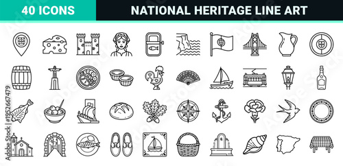 Portugal Cultural Landmarks and National Symbols Monoline Vector Grid; Minimalist Black Outline Travel and Gastronomy Graphic Assets.