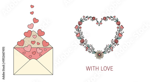 Romantic illustration of an open envelope with hearts flying out next to a floral heart wreath and love message.