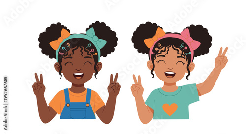 Two happy young girls with curly hair and bows showing a peace sign and smiling joyfully at the viewer.