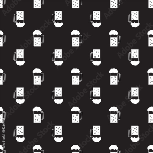 Dark seamless pattern featuring white silhouettes of beer mugs with fluffy foam and bubbles. Ideal for pub menus, bar wallpapers or craft brewery branding. Texture, wallpaper.