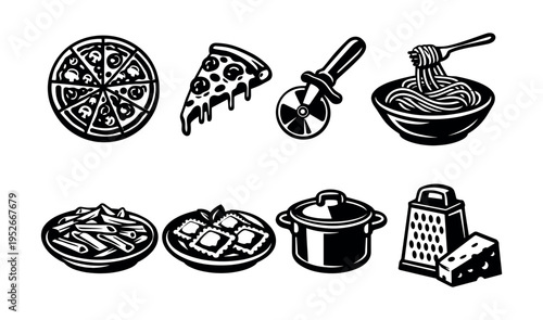 Italian food icons set, black and white vector illustration, pizza pasta grater and cooking tools