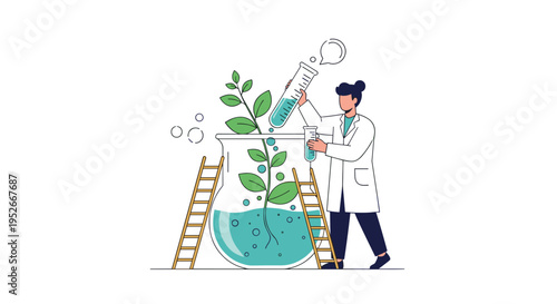 Professional female scientist in a lab coat performing experiments on a growing plant inside a large glass flask.
