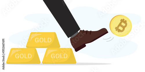 Businessman leg kicks away Bitcoin while standing on pile of gold bars. Rejection of crypto for traditional assets. Precious metals reliable, protective financial asset. flat vector illustration