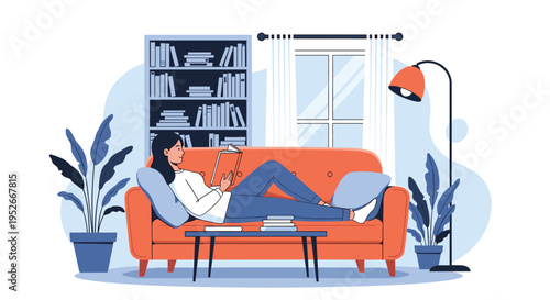 Young woman relaxing and reading a book on an orange sofa in her cozy and stylish living room at home.