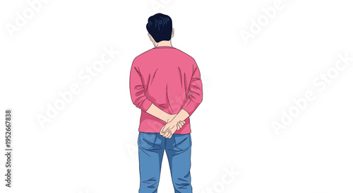 Rear view of a young man wearing a pink long sleeve shirt and blue jeans standing with his hands behind his back.