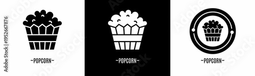 Popcorn logo set. Collection of black and white logos. Stock vector.