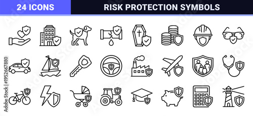 Professional Insurance and Risk Management Outline Symbols Featuring Clean Monoline Aesthetic for Financial Security and Protection Services