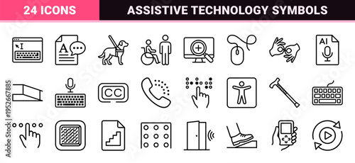 Inclusive Design Monoline Symbols for Digital Accessibility and Assistive Technology featuring High Contrast Navigation and Sensory Support UI