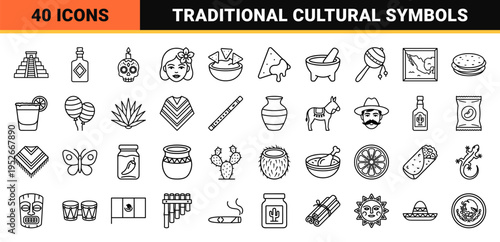 Mexican Heritage Monoline Symbols Featuring Traditional Cuisine Folklore and Landmarks in Sophisticated Black and White Minimalist Vector Style
