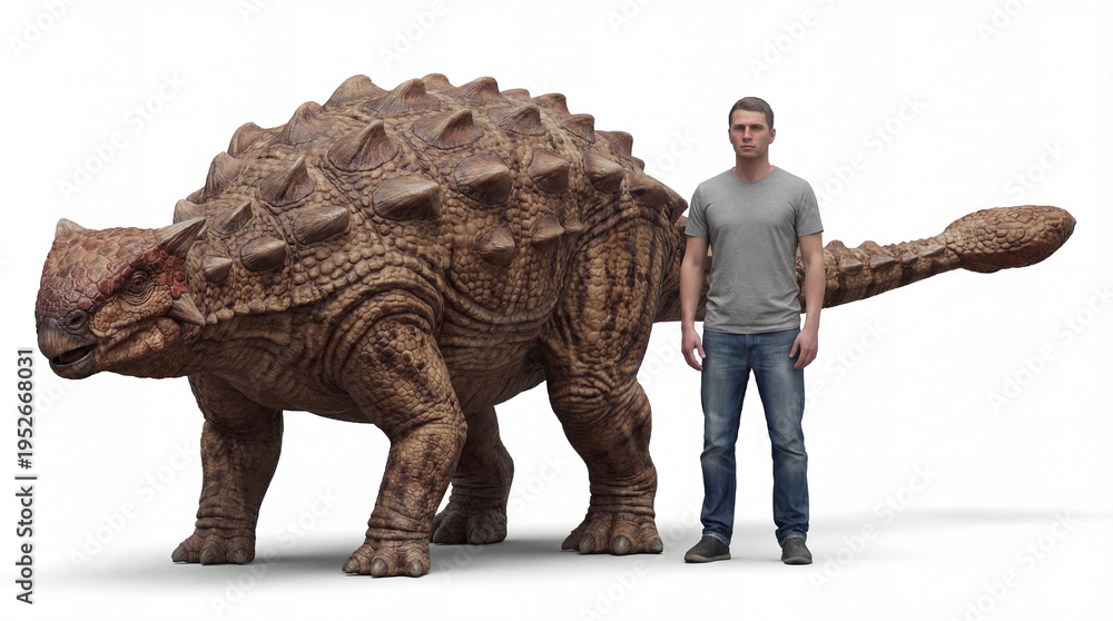 Fototapeta premium Ankylosaurus size comparison with human silhouette prehistoric dinosaur scale illustration