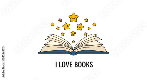 Open book with magical smiling stars flying out representing the wonder and imagination found in reading stories.